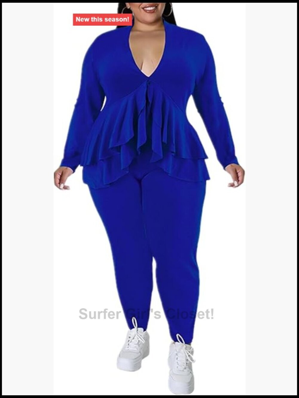 Plus Size 2 Piece Outfits Long Sleeve Ruffle Top and Pants Set Fall Casual
